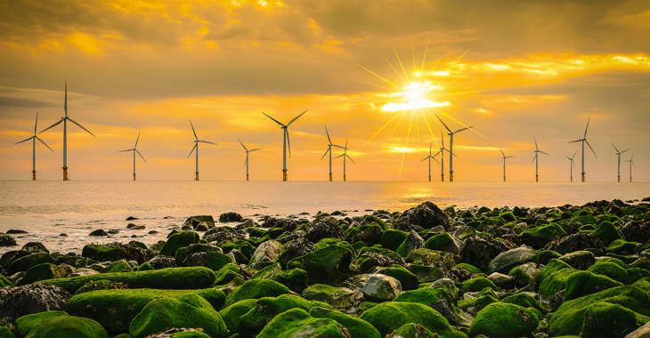 Offshore Windfarm With Sunset Landscape