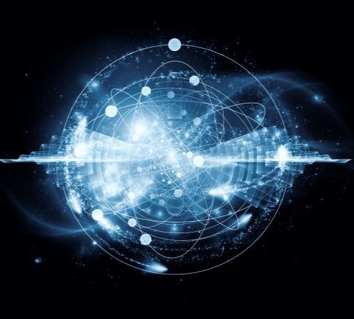 A blue abstract illustration of an atom with waves and orbital features depicting its quantum characteristics.