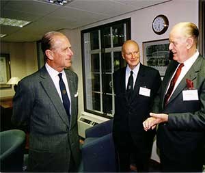 Prince Philip, Duke of Edinburgh, meets former Presidents Viscount Caldecote  and Sir Denis Rooke