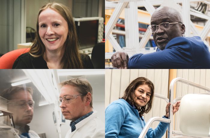 Collage of four headshots showing (clockwise from top left) a smiling woman sat at a desk, a man in glasses leaning on equipment in an industrial setting, a woman looking down from a staircase in an industrial setting, and a man in a labcoat and googles looking into a glass cabinet with his reflection visible