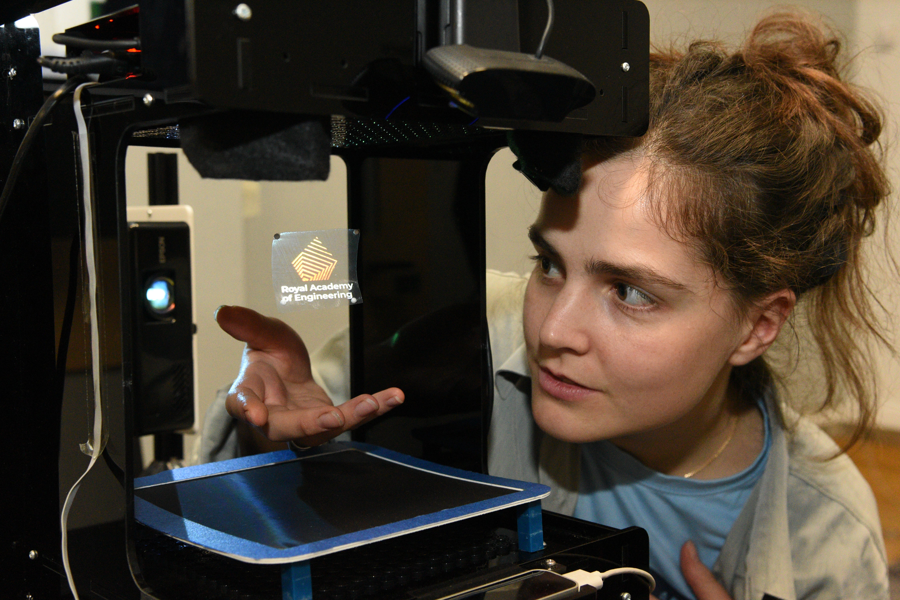 A piece of fabric with the Royal Academy of Engineering logo is levitated using sound waves at our annual Research Forum, demonstrating the work of Professor Sriram Subramanian’s team at UCL. Professor Subramanian is a Chair in Emerging Technology, researching interactive technologies using metamaterials