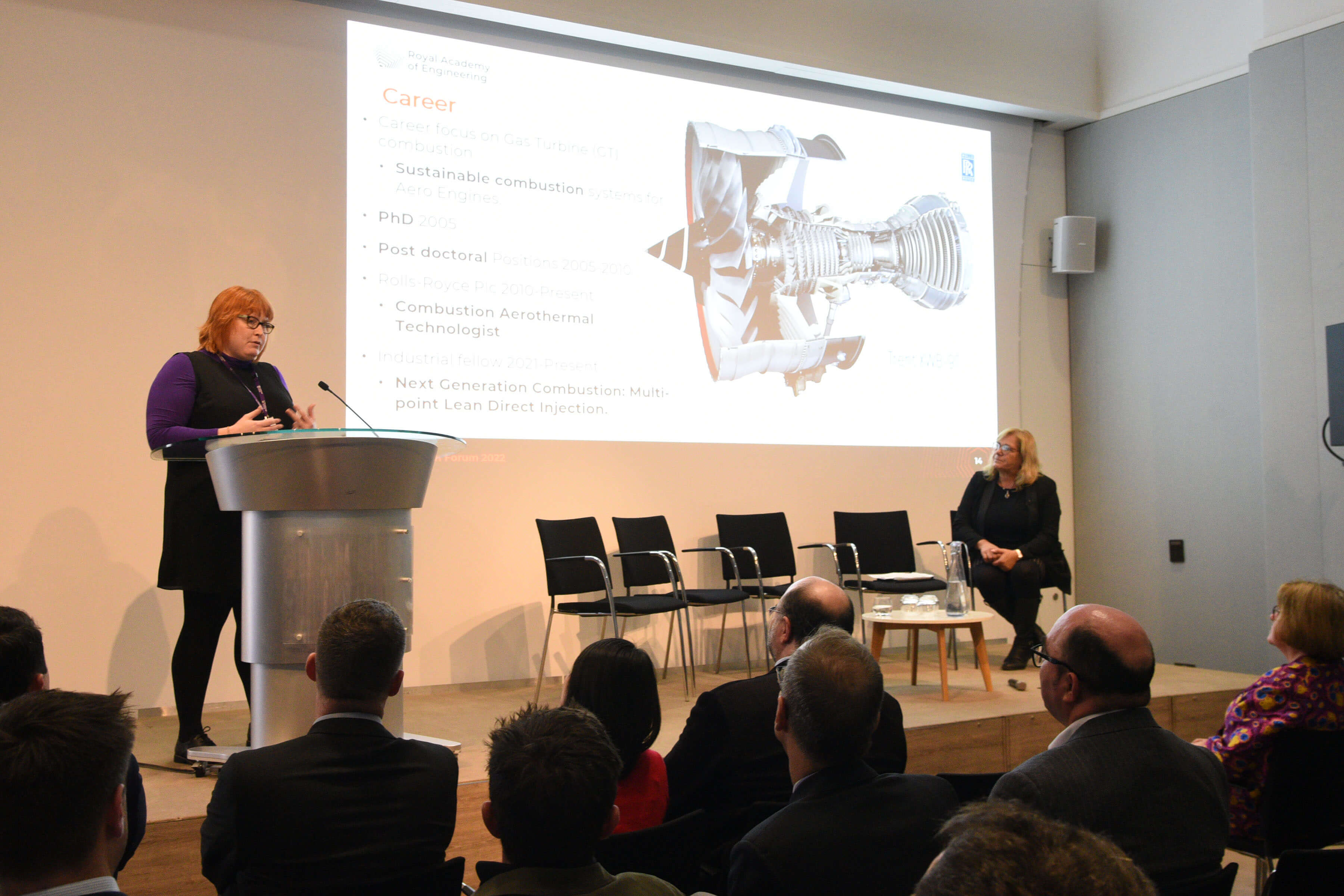 Dr Cat Gardner gives a presentation on her research into Sustainable next generation combustion systems for aero gas turbines
