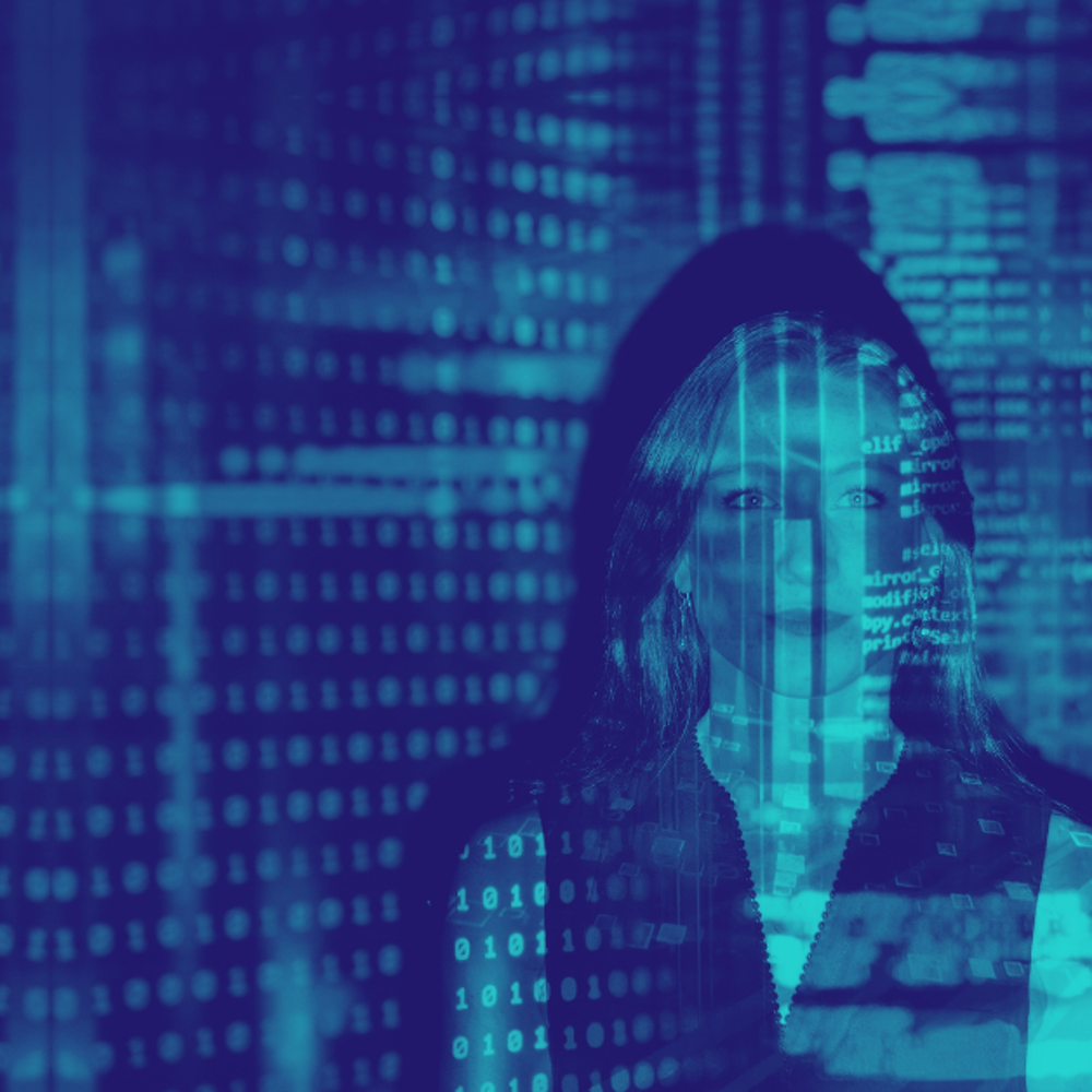 Woman With Digital Projection of a code