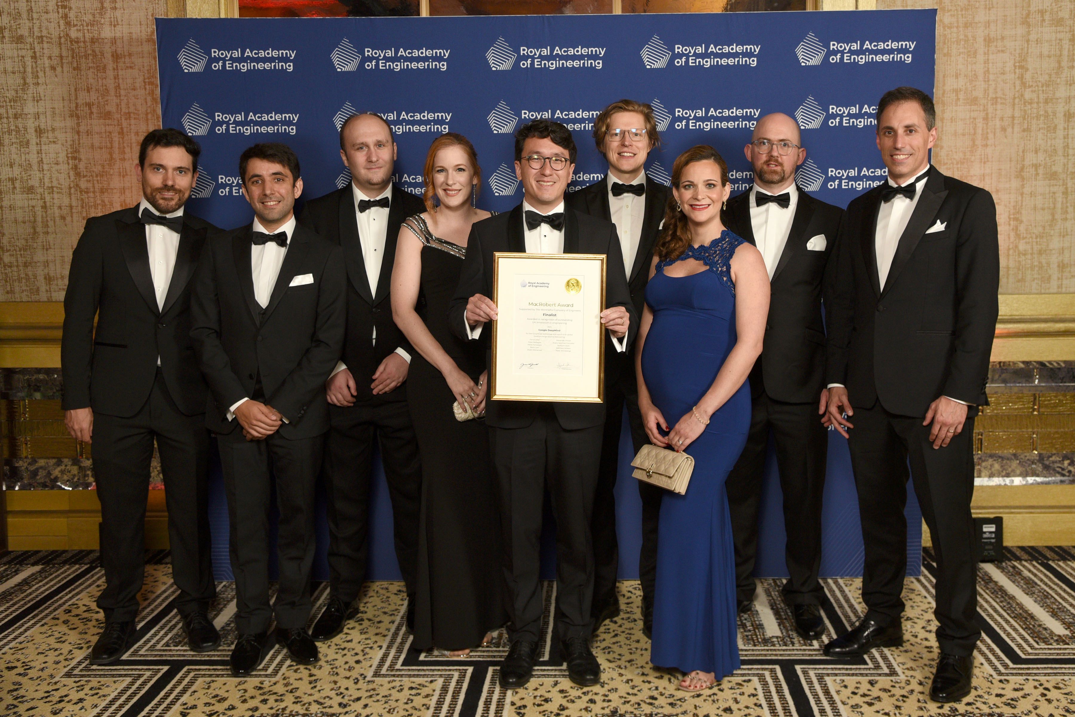 Winning team from Google Deepmind L-R Alvaro Sanchez-Gonzalez, Ferran Alet, Alexander Pritzel, Jacklynn Stott, Remi Lam, Peter Wirnsberger, Meire Fortunato, Matthew Willson, Peter Battaglia. Photo: Rob Lacey