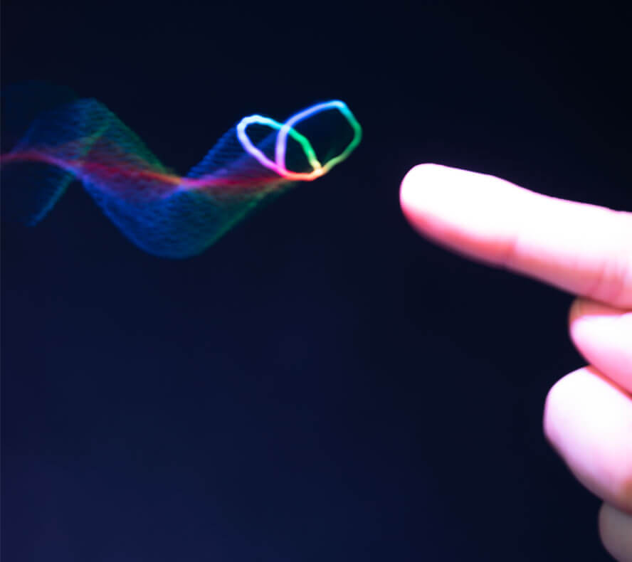 Using holography and ultrasonic speaker arrays an object is trapped in mid-air and becomes a shape that a user can see, touch and hear.