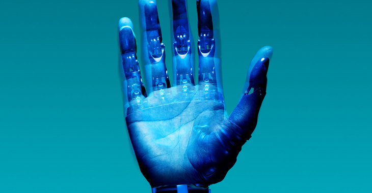 Visualisation of a prosthetic arm. The arm is partially in silhouette with a blue background.