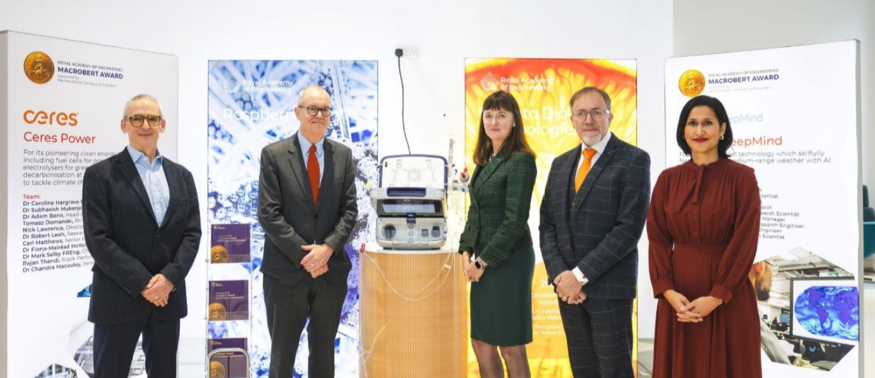 (L–R) Academy President Sir John Lazar; Science Minister Lord Vallance; Chair of the MacRobert Award Judges Dr Alison Vincent CBE FREng; 2022 MacRobert Award winner Professor Clive Buckberry MBE FREng of Quanta Dialysis; and Dr Hayaatun Sillem visit a special MacRobert Award exhibition at DSIT.